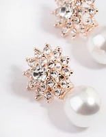 Rose Gold Diamante Swirl Pearl Stud Earrings