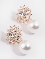 Rose Gold Diamante Swirl Pearl Stud Earrings