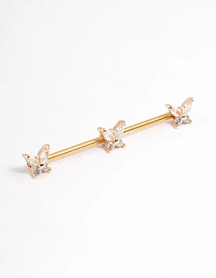 Gold Plated Surgical Steel Triple Butterfly Industrial Bar