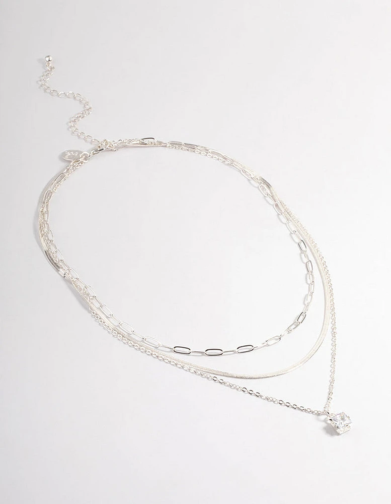 Silver Plated Square Cubic Zirconia Drop Chain Necklace