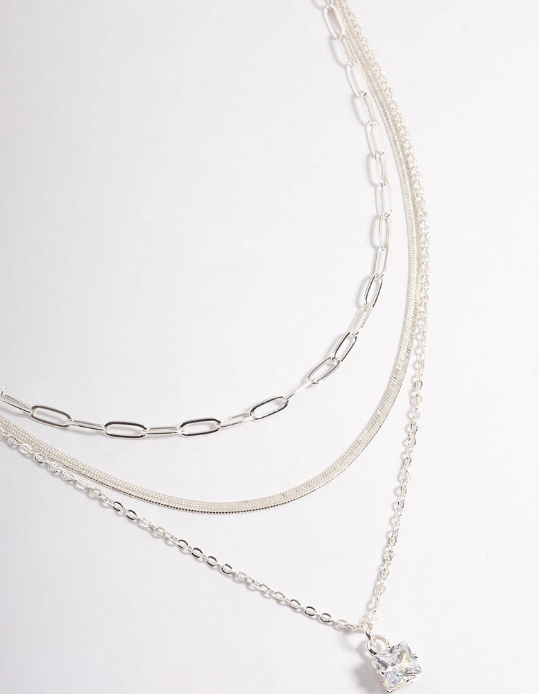 Silver Plated Square Cubic Zirconia Drop Chain Necklace