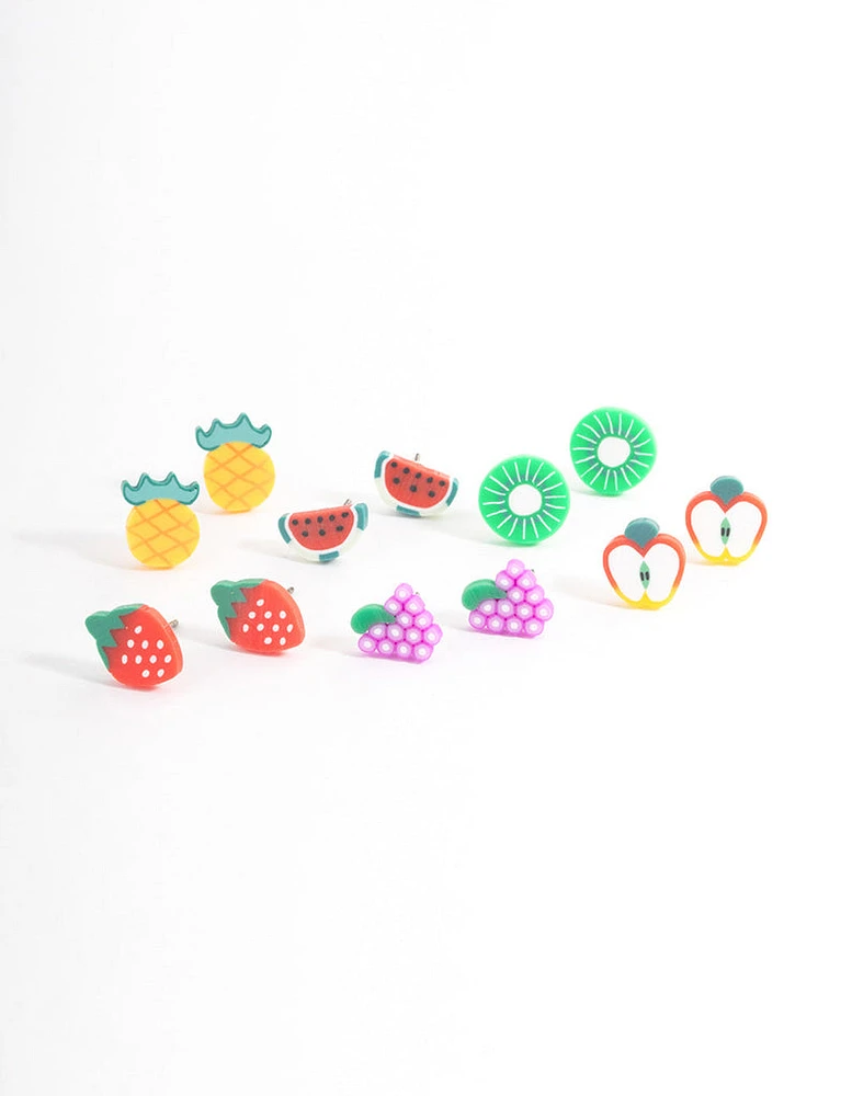 Kids Bright Fimo Fruit Stud Earrings 6-Pack