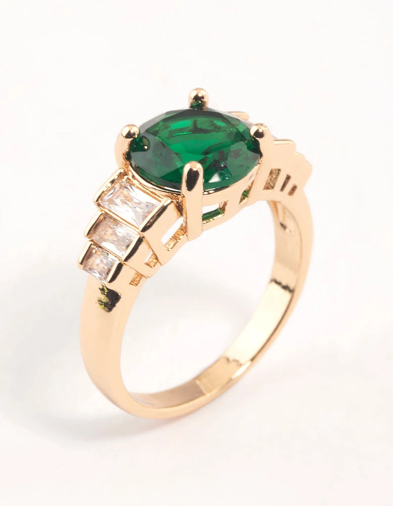 Gold & Emerald Green Round Baguette Ring