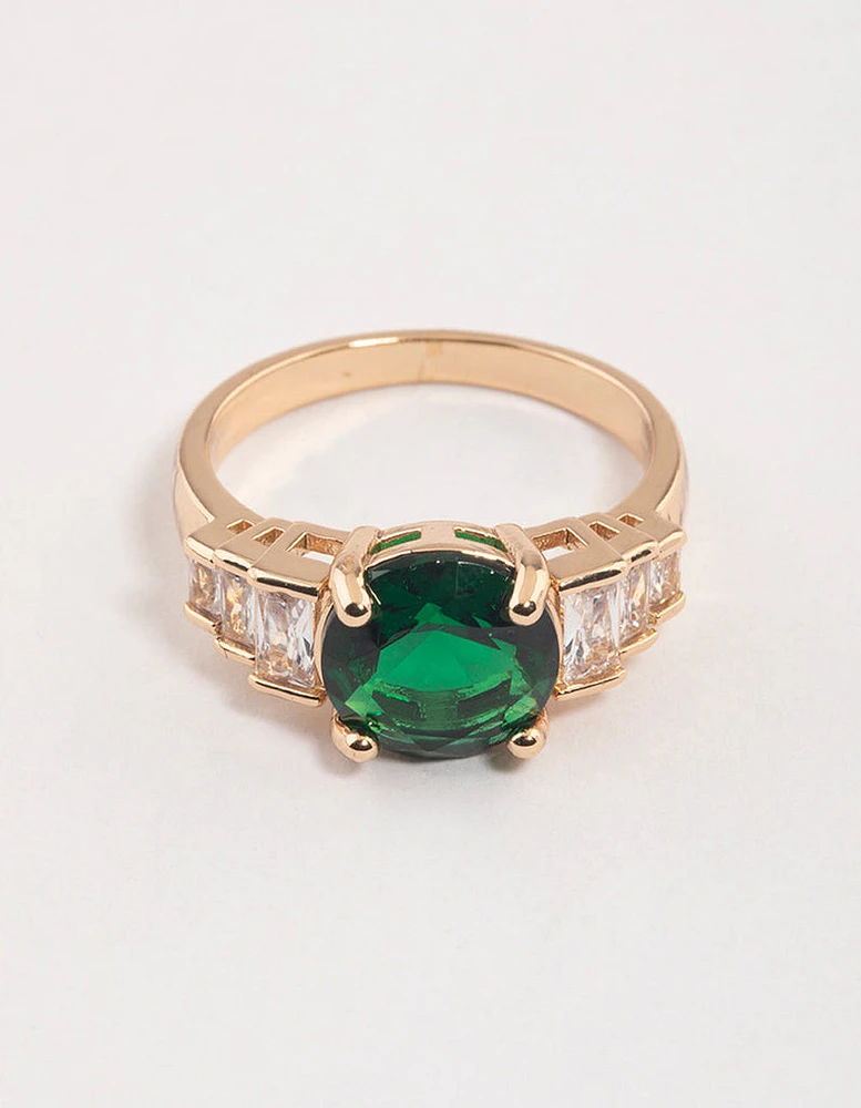 Gold & Emerald Green Round Baguette Ring