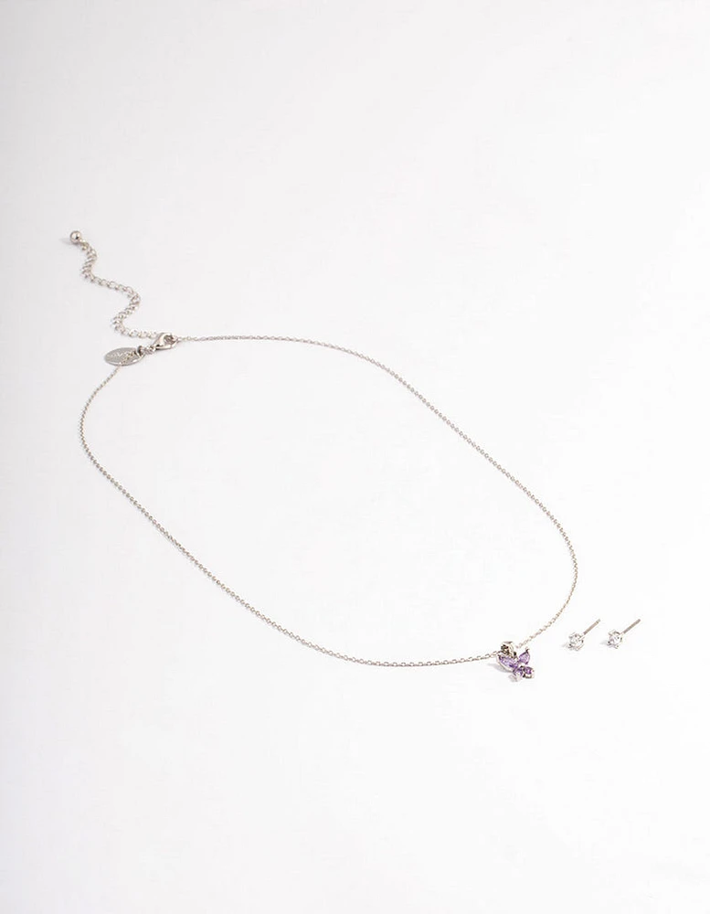 Rhodium Amethyst Butterfly Jewellery Set