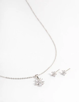 Rhodium Cubic Zirconia Flower Jewellery Set