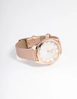 Rose Gold Coloured Square Face Textured Faux Leather Watch