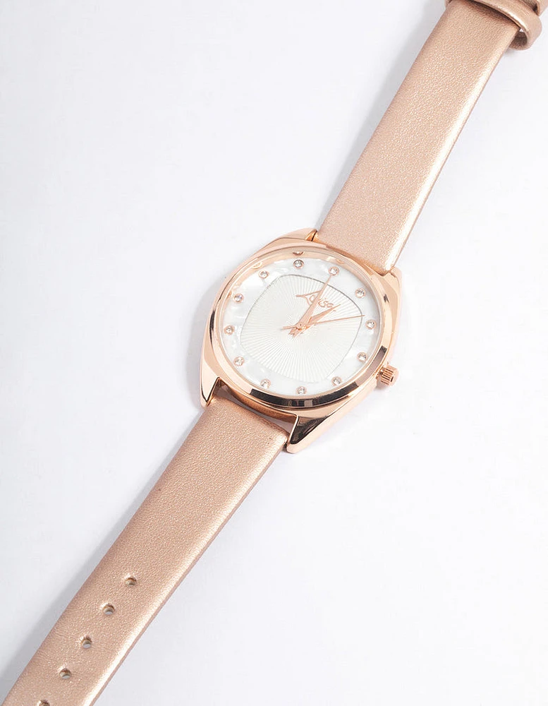 Rose Gold Coloured Square Face Textured Faux Leather Watch