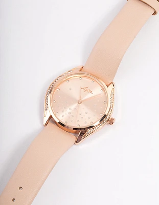 Rose Gold Coloured Diamante Scatter Faux Leather Watch