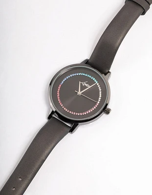 Coated Black Rainbow Crystal Faux Leather Watch