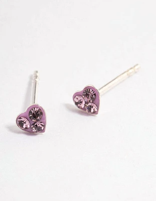 Sterling Silver Pink Pave Heart Stud Earrings