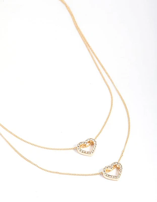 Gold Double Diamante Open Heart Necklace