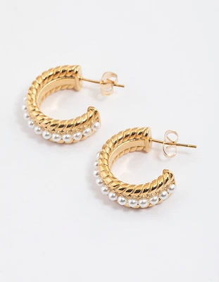 Gold Plated Stainless Steel Small Pearl Detailed Hoop Earrings