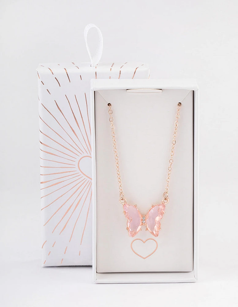 Rose Gold Pink Butterfly Pendant Necklace