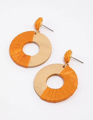 Wood Round Disc Raffia Earrings