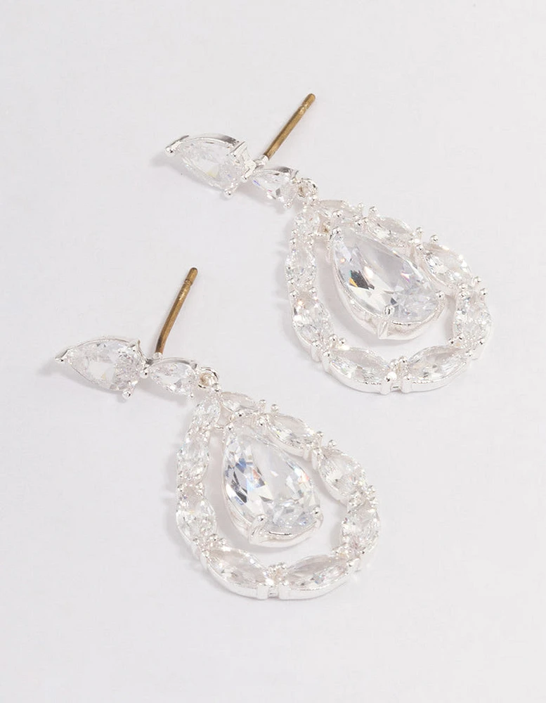 Silver Plated Cubic Zirconia Drop Stud Earrings