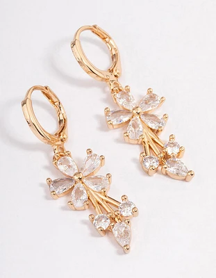 Gold Plated Cubic Zirconia Flower Drop Huggie Earrings