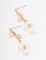 Gold Plated Freshwater Pearl Cubic Zirconia Tulip Drop Earrings