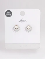 Silver Plated Cubic Zirconia Fan Pearl Stud Earrings