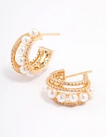 Gold Plated Cubic Zirconia Pearl Layered Small Earrings