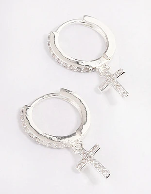 Silver Plated Cubic Zirconia Cross Drop Huggie Earrings