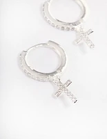 Silver Plated Cubic Zirconia Cross Drop Huggie Earrings