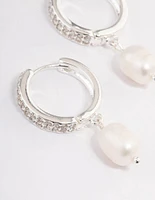 Silver Plated Freshwater Pearl Drop Cubic Zirconia Huggie Earrings