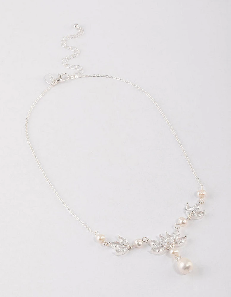 Silver Plated Cubic Zirconia Leaf Freshwater Pearl Y-Necklace