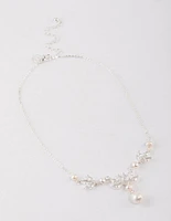 Silver Plated Cubic Zirconia Leaf Freshwater Pearl Y-Necklace