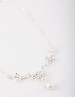 Silver Plated Cubic Zirconia Leaf Freshwater Pearl Y-Necklace