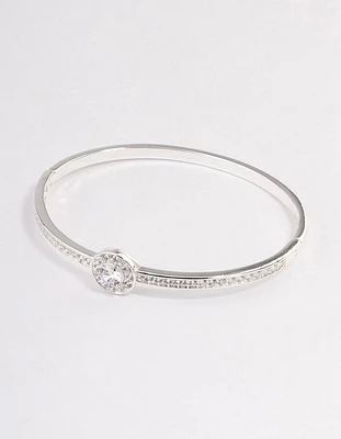 Silver Plated Halo Cubic Zirconia Cuff Bangle