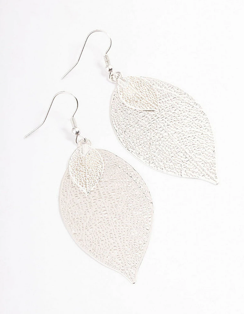 Silver Double Leaf Drop Earrings