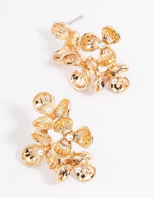 Gold Four Flower Group Stud Earrings