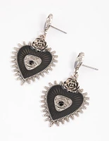 Rhodium Enamel Heart Rose Drop Earrings