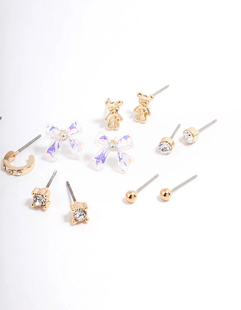 Gold Teddy & Bow Earrings 8-Pack