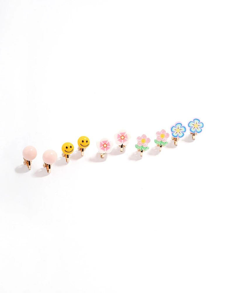 Gold Smile & Flower Earrings 5-Pack