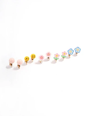 Gold Smile & Flower Earrings 5-Pack