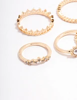 Gold Diamante & Pearl Crown Ring Pack