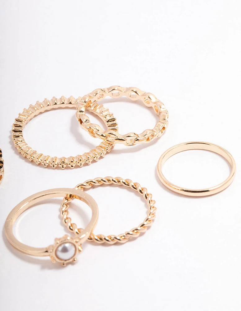 Gold Diamante & Pearl Crown Ring Pack