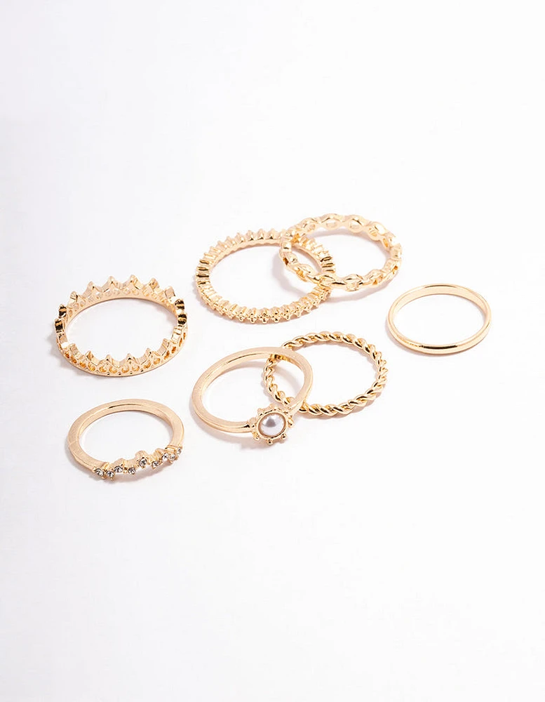 Gold Diamante & Pearl Crown Ring Pack