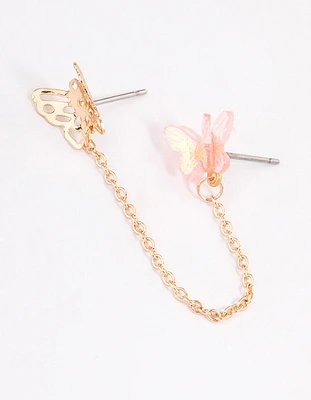 Gold Double Butterfly Chain Earrings