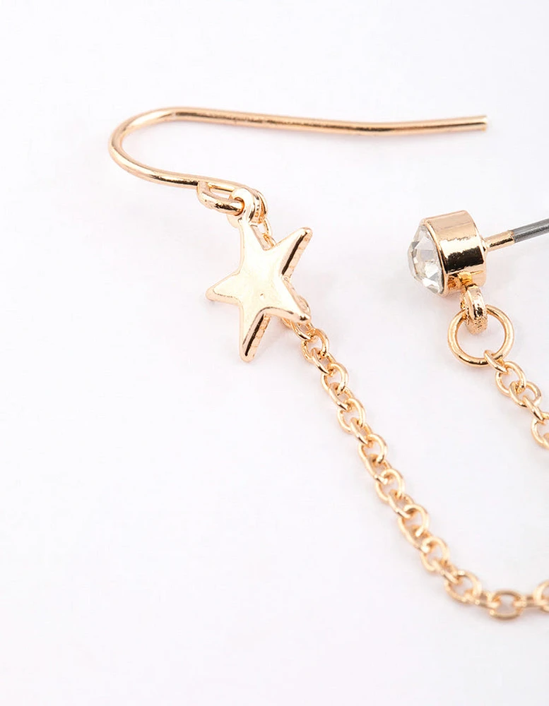 Gold Star & Diamanate Chain Stud Earrings