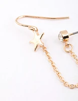 Gold Star & Diamanate Chain Stud Earrings