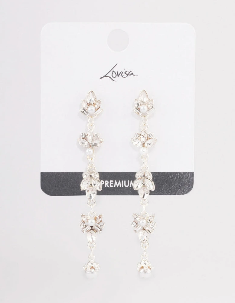 Silver Plated Cubic Zirconia Cluster Drop Pearl Earrings