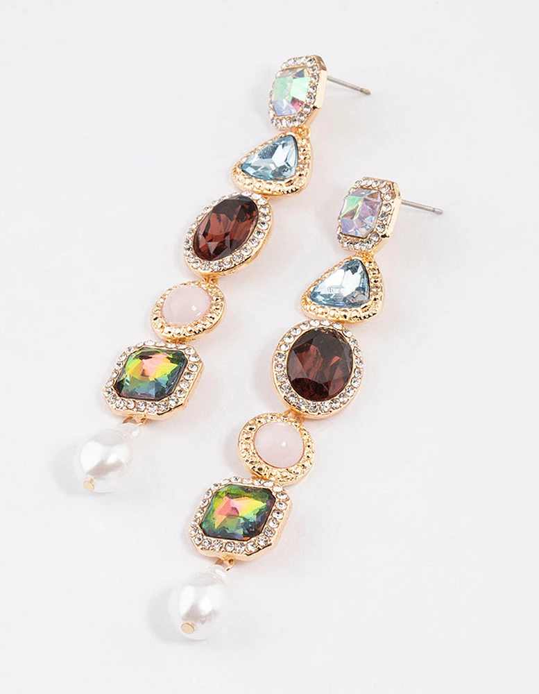 Gold Diamante Mixed Jewel Stone Drop Earrings