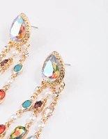 Gold Diamante Mixed Jewels Triple Drop Earrings