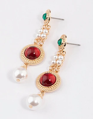 Gold Stone Pearly Drop Earrings