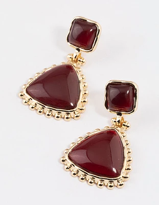 Gold Square Stone Triangle Drop Earrings