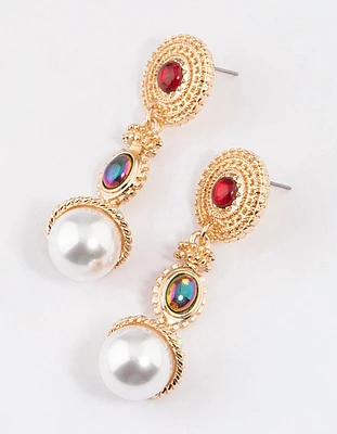 Gold Mixed Jewel Pearl Drop Earrings