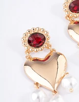 Gold Stone Heart Pearl Drop Earrings